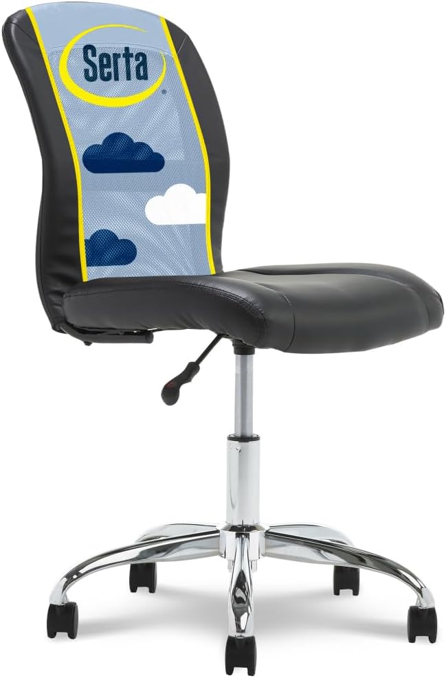 Serta Essential Armless Task Chair, Small Desk Chairs with Wheels, Breathable Mesh Back and Faux Leather, Quality Foam Cushion Seat for Comfort, Minimal Design for Vanity Table, Black