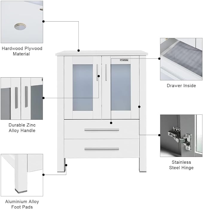 eclife 36" Modern Bathroom Vanity Sink Combo Freestanding Cabinet with Small Side Cabinet, White Shell Ceramic Vessel Sink, Water Save Faucet, Drain (White+T54)