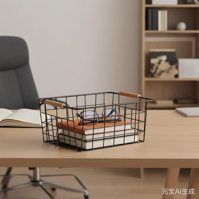 4 Pack Metal Wire Food Storage Basket Organizer with Wooden Handles for Organizing Kitchen Cabinets Black