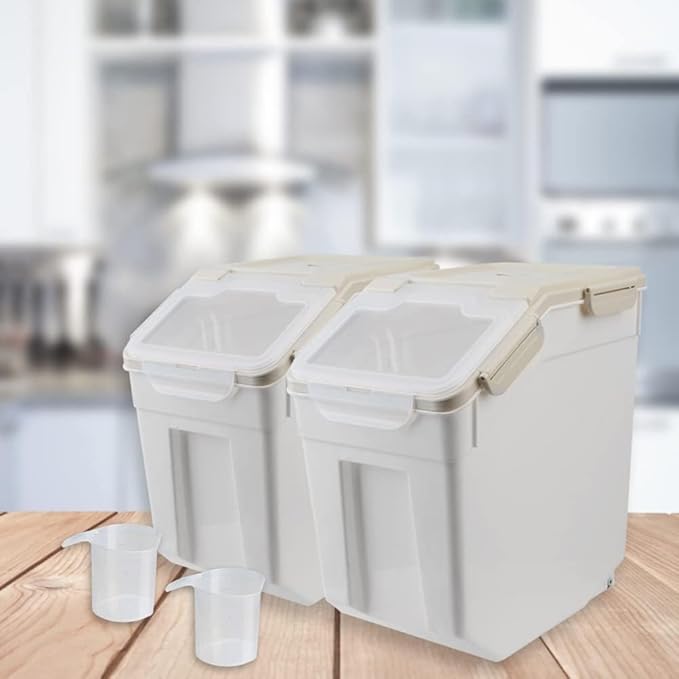 Rice Container 25 lbs Airtight, 4 Packs Flour Storage Containers Bin with Wheels Seal Locking Lid, BPA Free, Measuring Cup & Scoop, Kitchen Organizer Boxes for Grain, Sugar, Beans, Cereal (Grey)