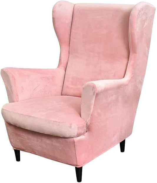 OBCREAT Wingback Chair Covers,2 Piece Stretch Velvet Wingback Chair Slipcover Soft Wing Chair Sofa Covers with Elastic Bottom,Armchair Couch Cover Furniture Protector for Living Room (Pink)