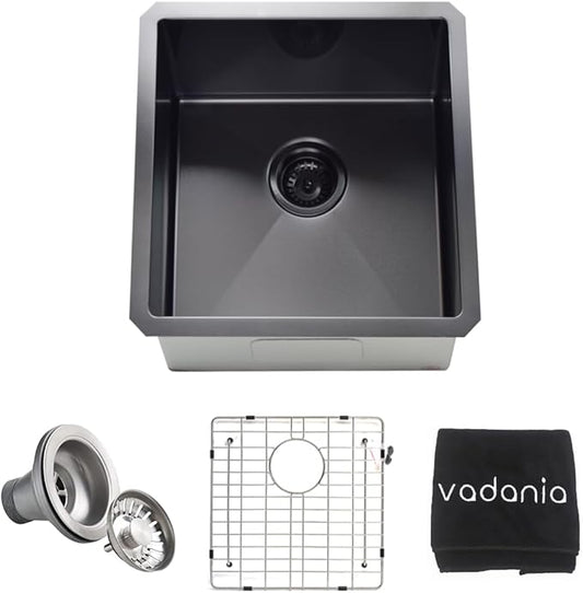 VADANIA 16-inch Kitchen Bar Sink, Black-plated Finish, 16"x18"x10", Single Bowl, Undermount, 18 Gauge T304 Stainless Steel, with Strainer & Bottom Grid, cUPC listed