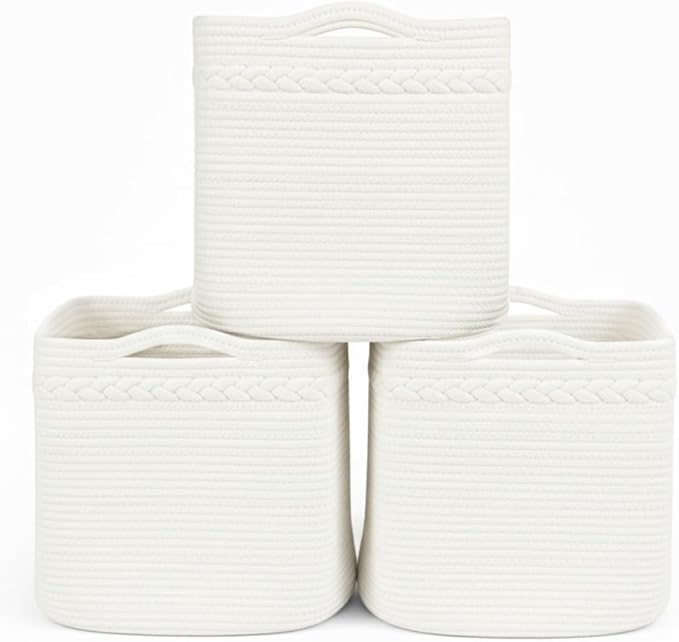 danpinera 13 Inch Cube Storage Baskets, 3-Pack Woven Fabric Organizer Bins, 13"x13" Square Baskets for Cube Storage for Shelves, Baby Nursery, Closet Organizer, White