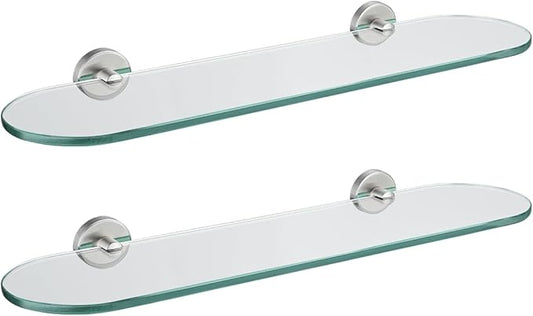 JQK Bathroom Glass Shelf, Floating Tempered Glass Shower Storage 20 by 5 inches, 304 Stainless Steel Brushed Finish Wall Mount 2 Pack 2 Pack, TGS121L20-BN-P2