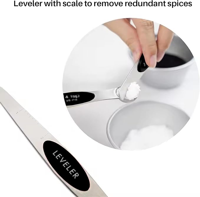 Set of 7 Stainless Steel Magnetic Measuring Spoons Set with Leveler - Stackable Tablespoon Measure Spoon for Baking and Cooking, Kitchen Gadgets for Apartment Essentials (Black)