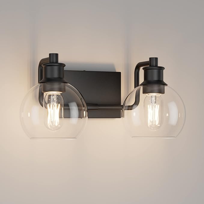 Tipace 2 Lights Industrial Bathroom Vanity Light Fixtures Over Mirror Black Vintage Vanity Lights with Globe Clear Glass Farmhouse Wall Sconces Fixture(Exclude Bulb)