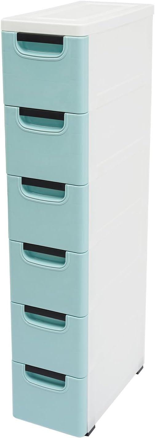 6 Drawers Narrow Slim Plastic Storage Cabinet,Storage Drawer with Wheels,6 Tier Drawers Dresser,Rolling Narrow Cabinet for Small Spaces Bathroom Kitchen Bedroom Living Room,Blue