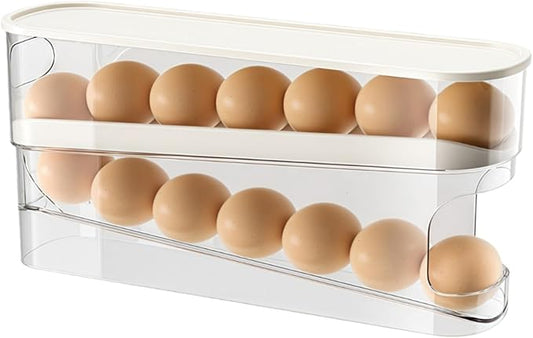 Egg Holder for Fridge, Space-Saving Automatic Rolling Egg organizer for refrigerator, 2-Layer Stackable Fridge Egg Dispenser and Storage with Lid for Kitchen, Countertop, Dining Room