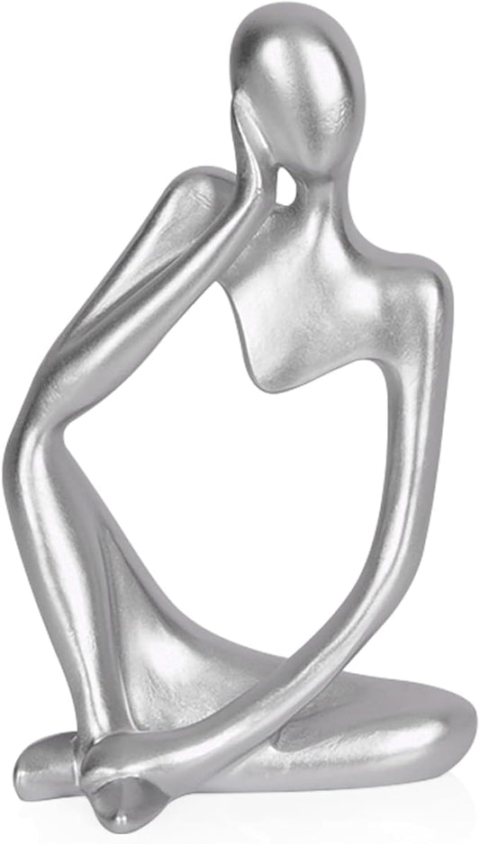 Sandstone Resin Thinker Style Abstract Sculpture Statue Collectible Figurines Home Office Bookshelf Desktop Decor (Small Silver, Left)