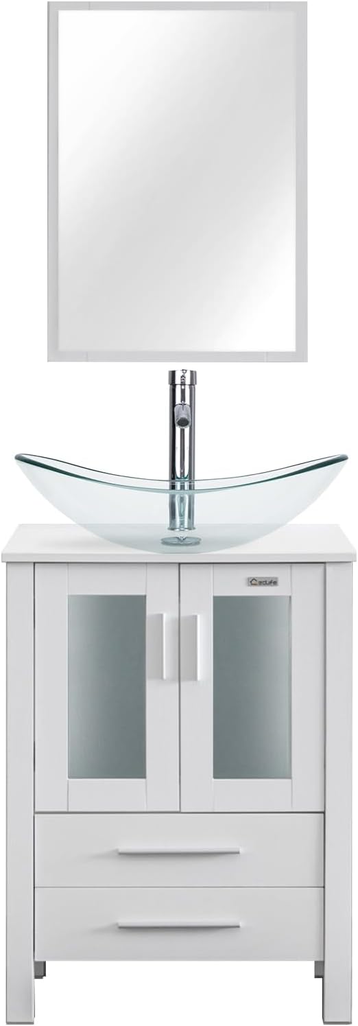 eclife 24" Modern Bathroom Vanity Sink Combo Freestanding Cabinet with Soft Closing Door, Clear Boat Glass Vessel Sink, Water Save Faucet, Drain (White+A29TT)