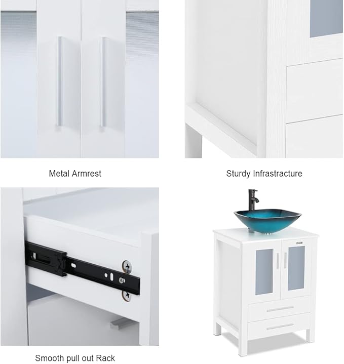 eclife 24" Modern Bathroom Vanity Sink Combo Freestanding Cabinet with Soft Closing Door, Turquoise Square Glass Vessel Sink, Water Save Faucet, Drain (White+A10)