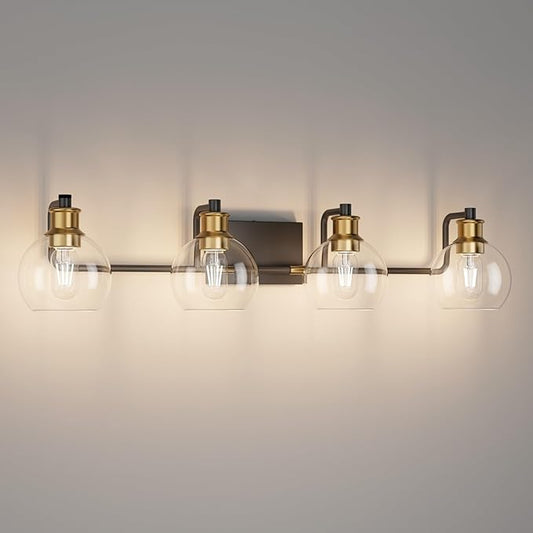 Tipace Industrial Bathroom Vanity Lighting Fixtures 4-Lights Vintage Black & Brass Finish with Globe Clear Glass Vanity Lights Farmhouse Bath Lighting(Exclude Bulb)