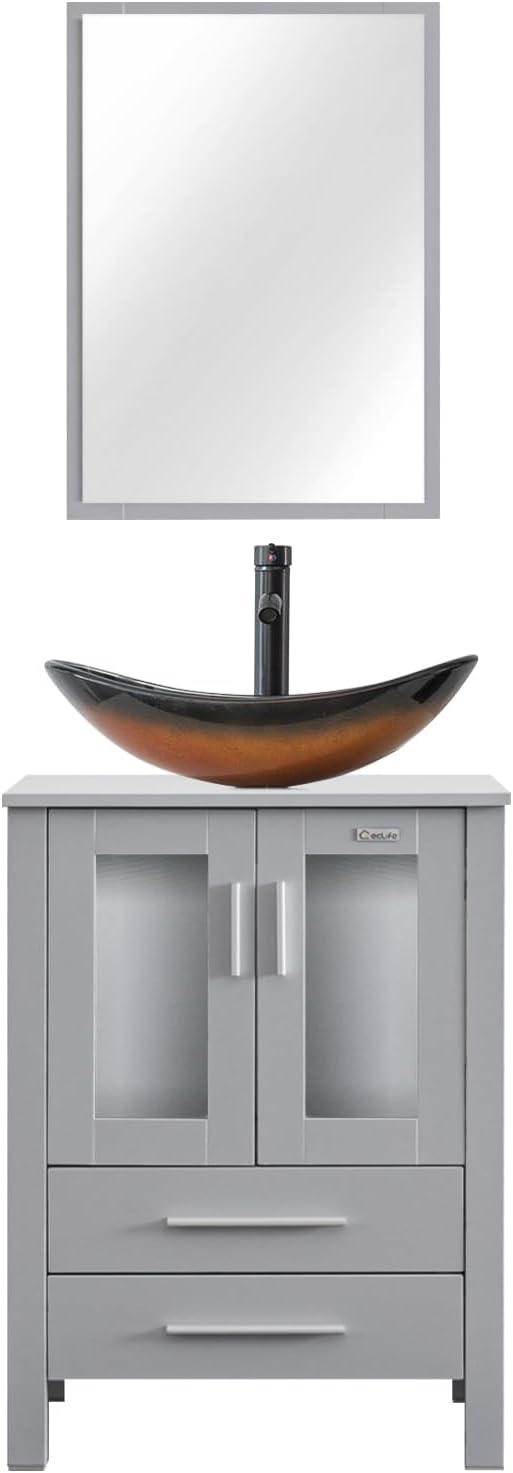 eclife 24" Modern Bathroom Vanity Sink Combo Freestanding Cabinet with Soft Closing Door, Brown Boat Glass Vessel Sink, Water Save Faucet, Drain (Gray+A29BR)
