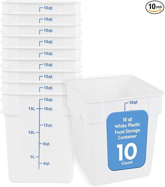 Restaurantware Food Storage Container 10 Pack of 18 qt Plastic Kitchen Storage Bin with Volume Markers Space-Efficient Design Dishwasher-Safe Polypropylene White