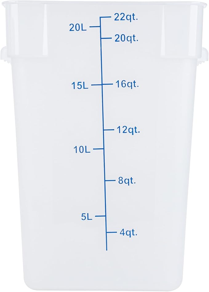 Restaurantware Food Storage Container 1 Pack of 22 qt Plastic Kitchen Storage Bin with Volume Markers Space-Efficient Design Dishwasher-Safe Polypropylene Translucent