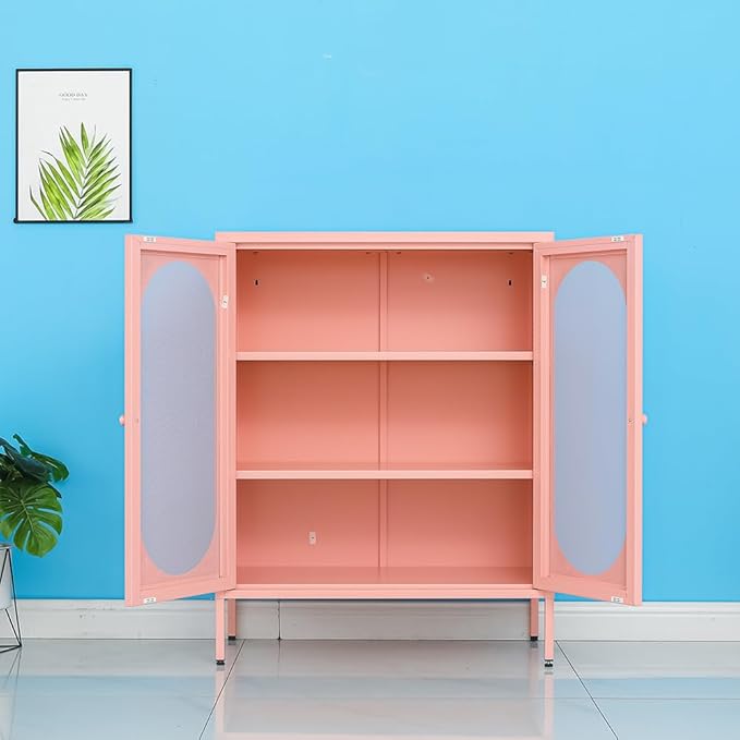 Pink Metal Locker Storage Accent Cabinets with 2 Adjustable Shelves, 3 Tier Metal Storage Cabinet with Legs, Steel Cupboard Lockers for Kids Bedroom, Home, Office, Entryway, Kitchen (Mash Door)