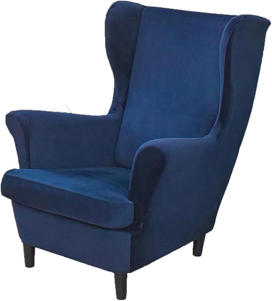 OBCREAT Wingback Chair Covers 2 Piece Stretch Velvet Wingback Chair Slipcover Soft Wing Chair Sofa Covers with Elastic Bottom,Armchair Couch Cover Furniture Protector for Living Room (Dark Blue)