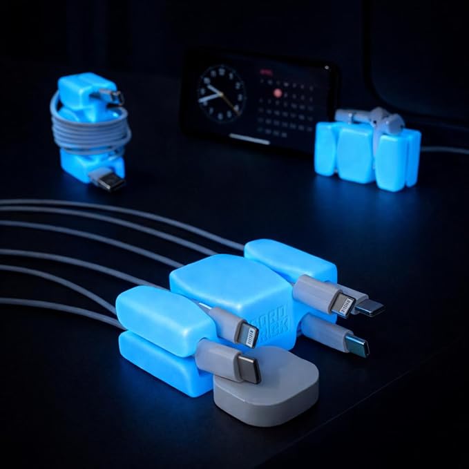 GlowBrick Stocking Stuffers for Adults Cord Management Weighted Cord Holder Cable Wrap Phone Stand - Glow-in-The-Dark Gadget Organizer for Nightstand. Gift for Men, Silicone. 4pk Glowing Blue