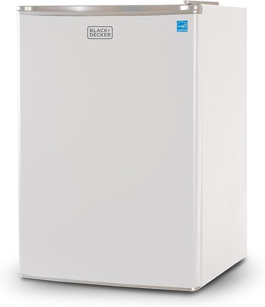 BLACK+DECKER 2.5 Cu. Ft. Compact Refrigerator, ENERGY STAR Certified, Single Door Mini Fridge with Chiller Compartment, Personal Fridge for Home or Dorm Room, R600a Refrigerant, BCRK25W, White