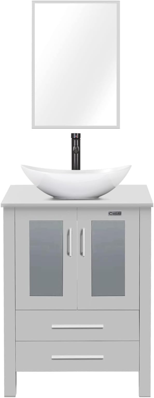 eclife 24" Modern Bathroom Vanity Sink Combo Freestanding Cabinet with Soft Closing Door, White Boat Ceramic Vessel Sink, Water Save Faucet, Drain (Gray+T44)