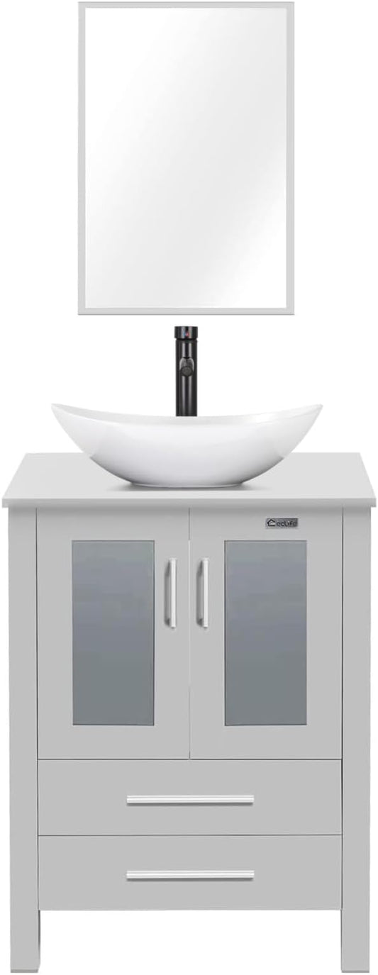 eclife 24" Modern Bathroom Vanity Sink Combo Freestanding Cabinet with Soft Closing Door, White Boat Ceramic Vessel Sink, Water Save Faucet, Drain (Gray+T44)
