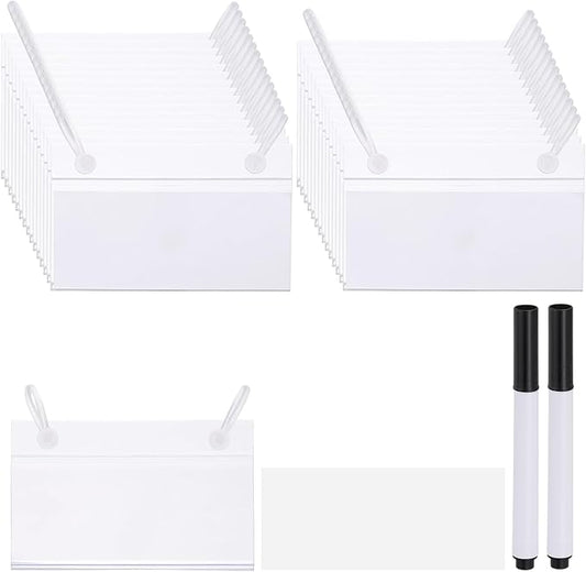 PATIKIL 3.5" x 2.2" Basket Labels Holders, 30 Pack Reusable Plastic Wire Shelf Label Holder Tag Display Clip with Button Lock with Paper Inserts Pens for Home Market Store, Clear
