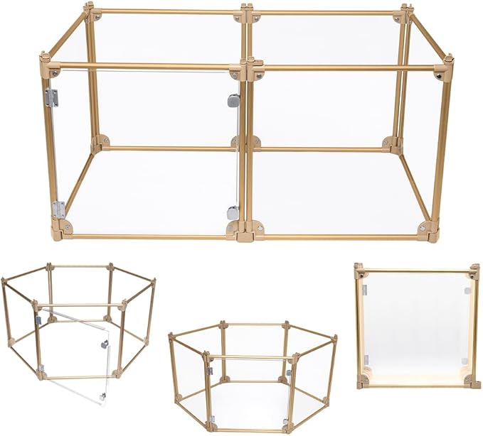Front Row Foldable Dog Playpen – Durable and Portable Puppy Playpen for Exercise, Rest & Play – Clear Fence Panels with Aluminum Rods and Crate for Dogs and Other Small Pets (Gold, 6-Panel)