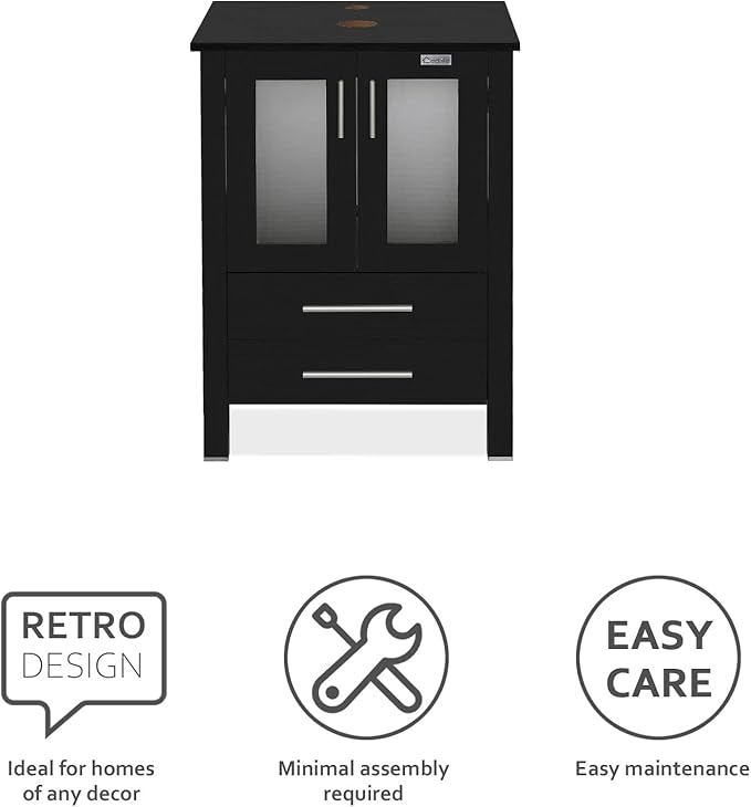 eclife 24" Modern Bathroom Vanity Sink Combo Freestanding Cabinet with Soft Closing Door, White Boat Ceramic Vessel Sink, Water Save Faucet, Drain (Black+T44)