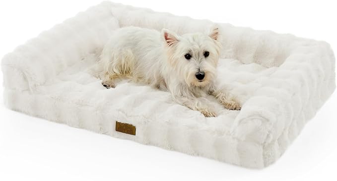 Faux Fur Orthopedic Dog Bed, Dog Bed for Large Size, Supportive Foam Pet Sofa with Waterproof Lining Cover, Washable U-Shaped Pet Couch with Anti-Slip Bottom, Beige L 36x27x6.5 inch