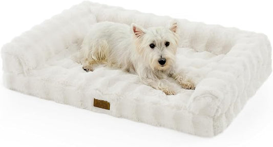 Faux Fur Orthopedic Dog Bed, Dog Bed for Large Size, Supportive Foam Pet Sofa with Waterproof Lining Cover, Washable U-Shaped Pet Couch with Anti-Slip Bottom, Beige L 36x27x6.5 inch