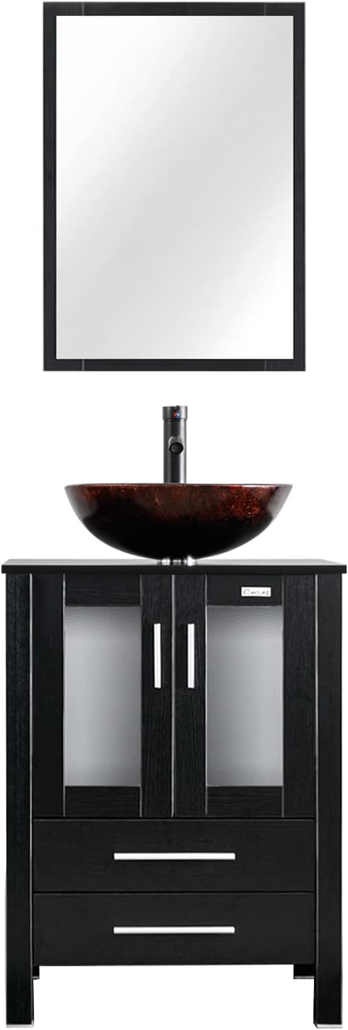 eclife 24" Modern Bathroom Vanity Sink Combo Freestanding Cabinet with Soft Closing Door, Brown Round Glass Vessel Sink, Water Save Faucet, Drain (Black+A09)