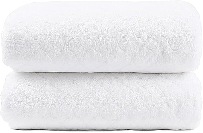 Microfiber Bath Towels Set of 2, 30 in x 60 in, Oversized, Ultra Soft, Super Absorbent, Fast Drying, No Fading Large Bathroom Towel Set for Sport, Travel, Fitness, SPA,Yoga (Coral Fleece - White)