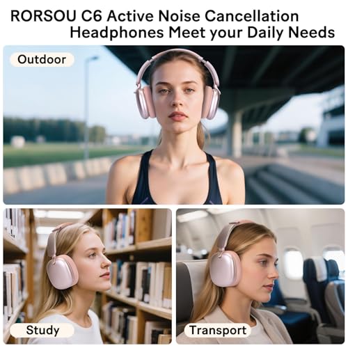 C6 Active Noise Cancelling Headphones, Wireless Over Ear Bluetooth Headphones, 60H Playtime, Lightweight Folding Comfort Fit Ear Cups Headset with Mic for iPad/PC/Home Rose Gold - Image 8