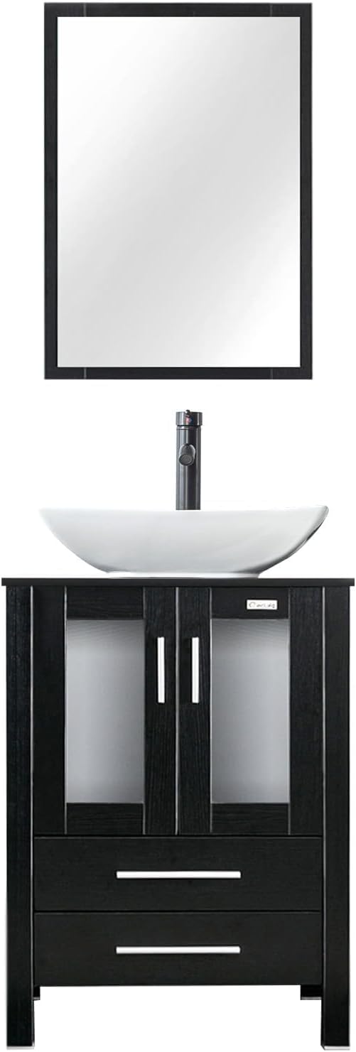 eclife 24" Modern Bathroom Vanity Sink Combo Freestanding Cabinet with Soft Closing Door, White Curved Ceramic Vessel Sink, Water Save Faucet, Drain (Black+T32)