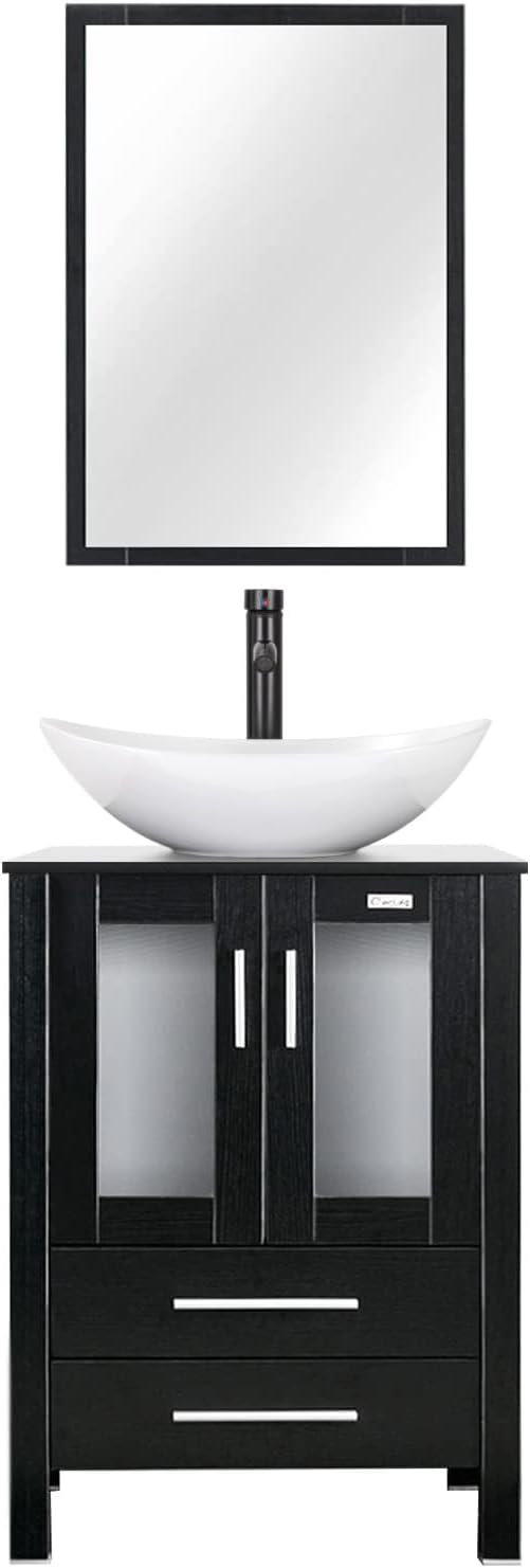 eclife 24" Modern Bathroom Vanity Sink Combo Freestanding Cabinet with Soft Closing Door, White Boat Ceramic Vessel Sink, Water Save Faucet, Drain (Black+T44)