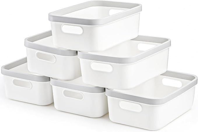 Elsjoy Set of 6 Plastic Storage Bin, 10"x 7"x 4" Classroom Storage Basket Cabinet Storage Bin with Handle, White Shelf Organizer Bins for Bathroom, Office, School
