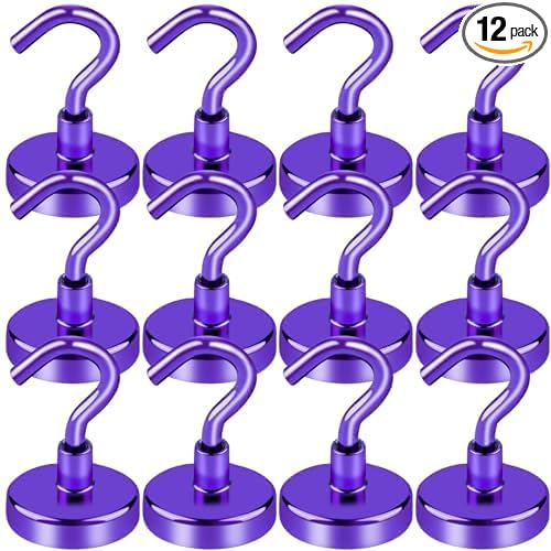 LOVIMAG Magnetic Hooks, Strong Magnets,85Lb Magnet Hooks Heavy Duty, Purple Strong Magnets Hooks for Cruise Cabins,Magnets Hook for Refrigerator, Cruise Accessories, Magnetic Key Holder-12Pack