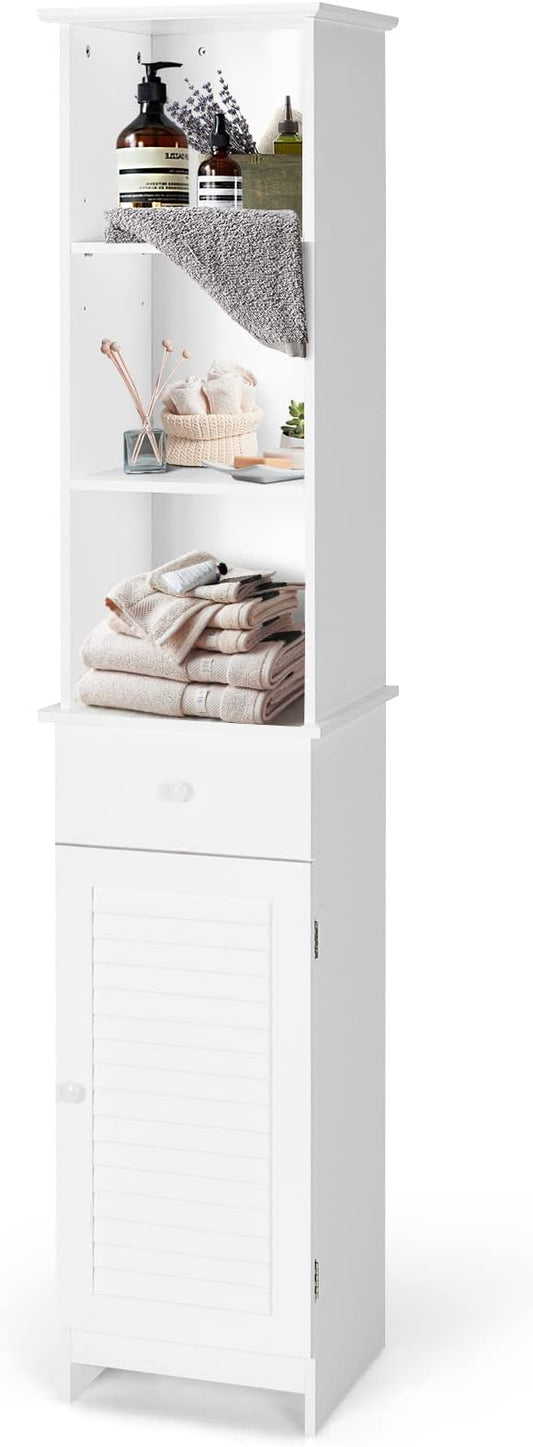 LOKO Bathroom Tall Cabinet, Modern Storage Cabinet with 2 Adjustable Shelves, Bathroom Linen Tower with 3 Open Shelves and 1 Drawer, 13.5 x 12 x 64.5, White