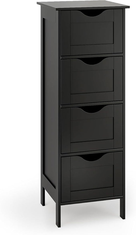 VINGLI Black Bathroom Storage Cabinet with 4 Drawers, Slim Freestanding Floor Cabinet for Small Spaces, Narrow Side Organizer Storage Unit for Restroom, Living Room & Kitchen, Farmhouse Style