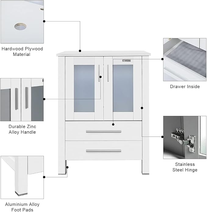 eclife 48" Modern Bathroom Vanity Sink Combo Freestanding Cabinet with Small Side Cabinet, Brown Round Glass Vessel Sink, Water Save Faucet, Drain (White+A09)