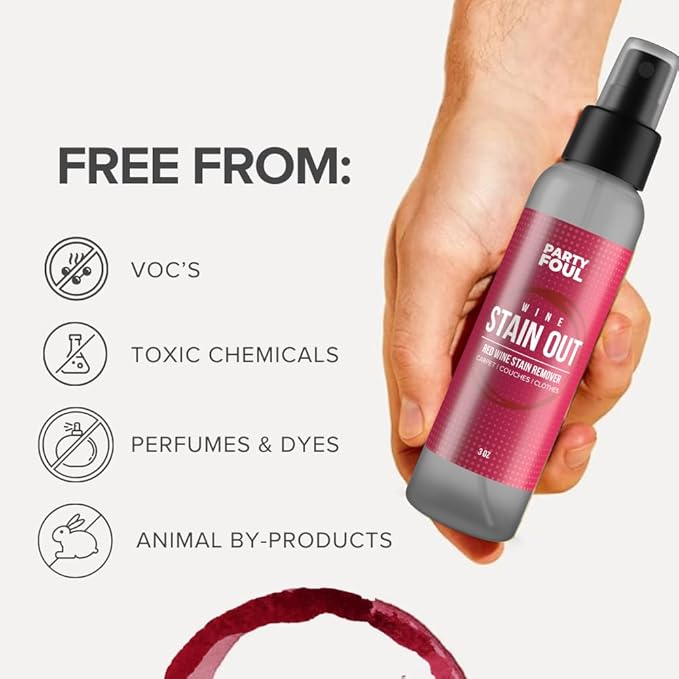 Party Foul Wine Stain Out Spray - Plant Based Red Wine Stain Remover for Clothes, Carpets, & Couches - Stain Remover Spray for Coffee, Tea, & Sports Drinks Stains - Unscented - 8 oz