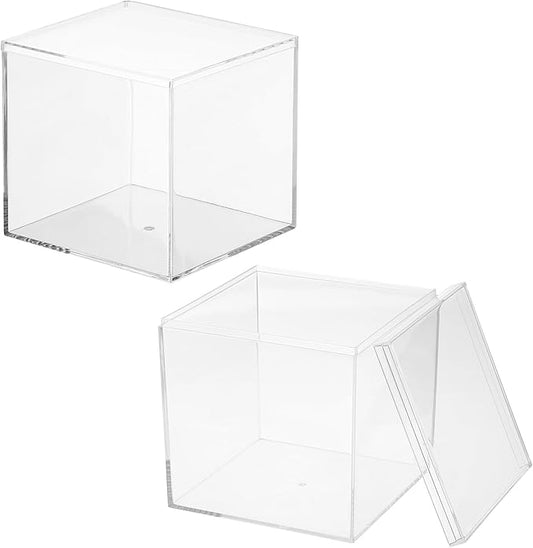 Acrylic Box with Lid, 4.72 x 4.72 x 4.72 in Acrylic Display Case Plastic Square Cube Container Storage Holder Stackable Bins for Cosmetic Collectible Candy Jewelry(2 Pack, Clear)