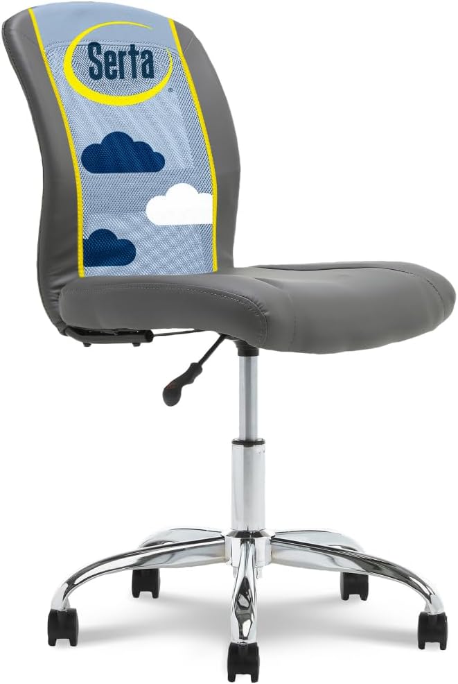 Serta Essential Armless Task Chair, Small Desk Chairs with Wheels, Breathable Mesh Back and Faux Leather, Quality Foam Cushion Seat for Comfort, Minimal Design for Vanity Table, Gray