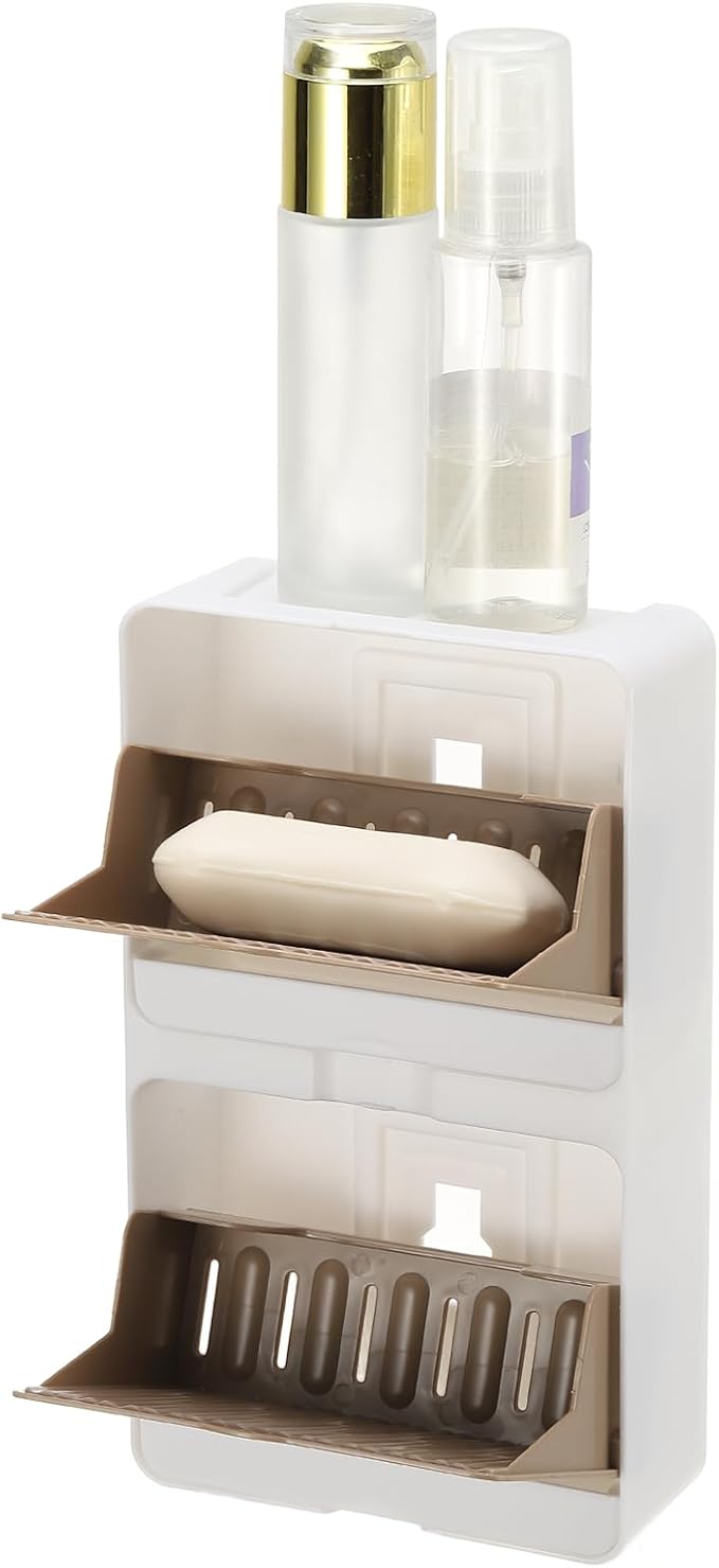 uxcell Soap Holder, 5.12 x 8.66 x 2 Inches Double Grid Wall Mounted No Drill Soap Dish for Shower, Bathroom & Kitchen - Self Draining Design Keeps Soap Dry(Khaki)