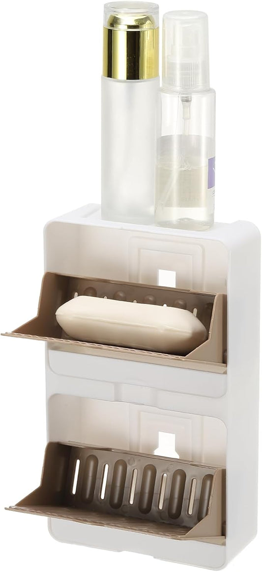uxcell Soap Holder, 5.12 x 8.66 x 2 Inches Double Grid Wall Mounted No Drill Soap Dish for Shower, Bathroom & Kitchen - Self Draining Design Keeps Soap Dry(Khaki)