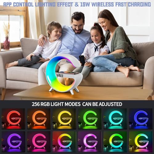 Smart LED Table Lamp, 4-in-1 Wireless Charger, Night Light, Alarm Clock, Bluetooth Speaker with App Control, Bedside Lamp with Charging Station for Bedroom, Office, Home Decor, Tee - Image 6