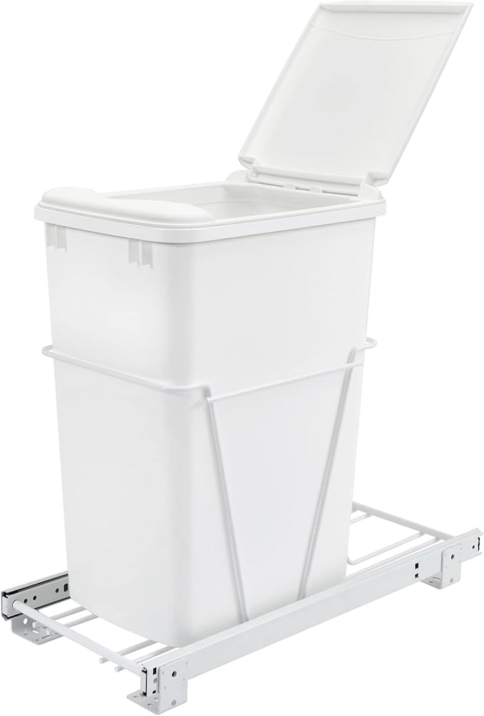 Rev-A-Shelf Steel Pullout Waste Container with Single Trash Can, 35 Quart, White - Sliding Garbage Bin System for Kitchen or Bathroom Base Cabinets, RV-12PB