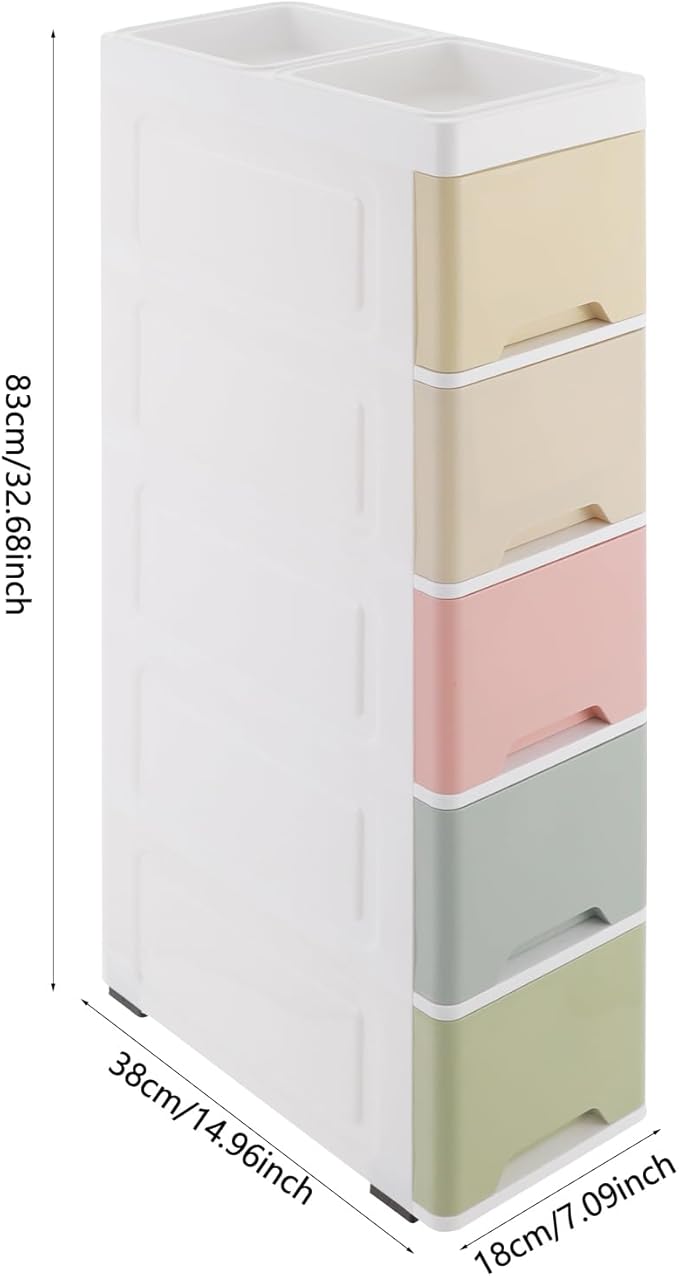 Narrow Plastic Drawers Cabinet, Multi-functional Plastic Tower Organizer with Wheels for Small Space Bathroom Bedroom Kitchen Offices Dormitory, 7 * 15 * 33in (Colorful B)