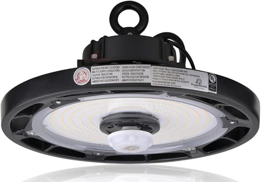 RuggedGrade 150W - Titan V Series LED High Bay UFO Light with Motion Sensor - 20,500 Lumens - High Voltage 277-480V - 5000K Bright White - Outdoor LED Light - DLC 5.1 Premium