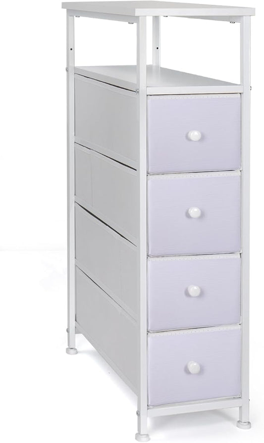 Narrow Dresser for Bedroom, Fabric Tall Dresser & Chests of Drawers with 4 Drawers, Vertical Organizer Storage Tower Unit for Bedroom, Hallway, Entryway White Wood Grain